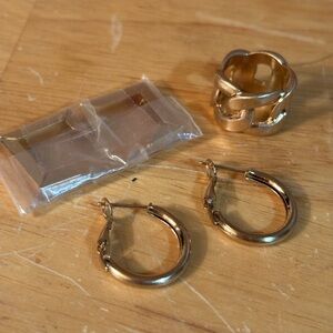 Gold Hoop Earrings & Chain Ring Set